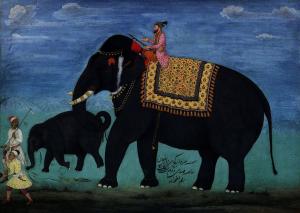 Elefante y su cría fuera del establo del gobernante mogol