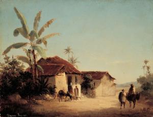 Paisaje tropical con casas rurales y palmeras, Pissarro